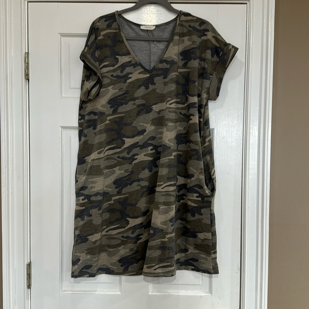 Camo V-neck shift jersey dress.
